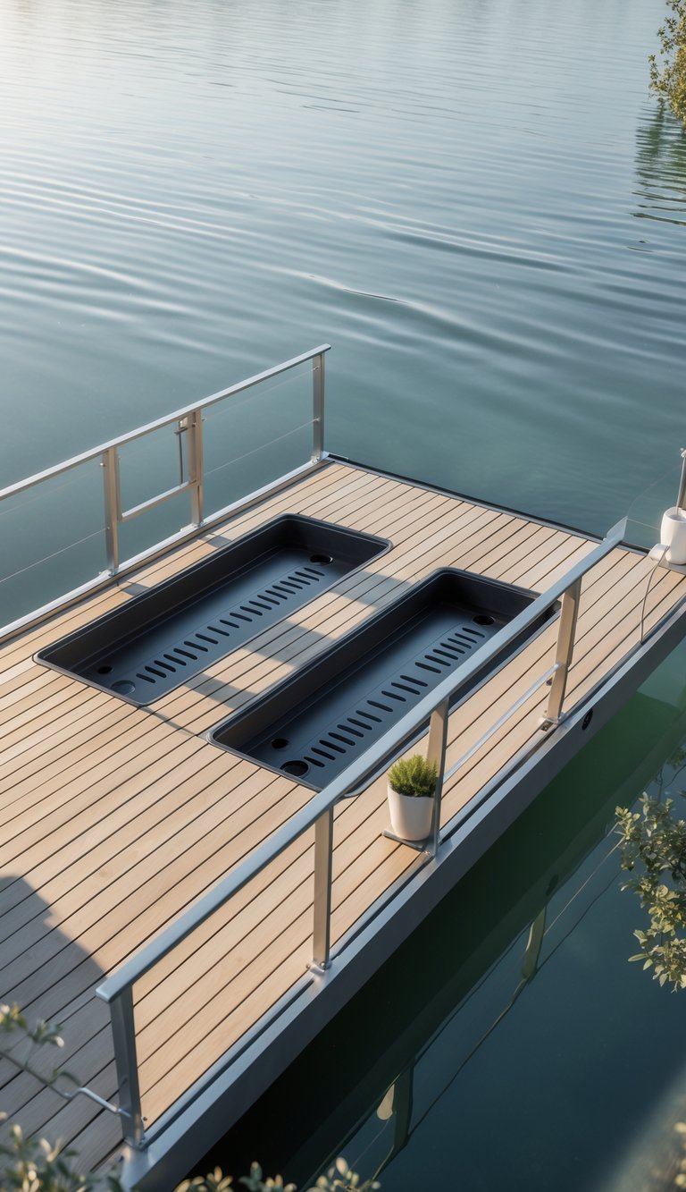 A modern wooden boat deck with built-in kayak launch platforms over calm water and a peaceful waterfront view.