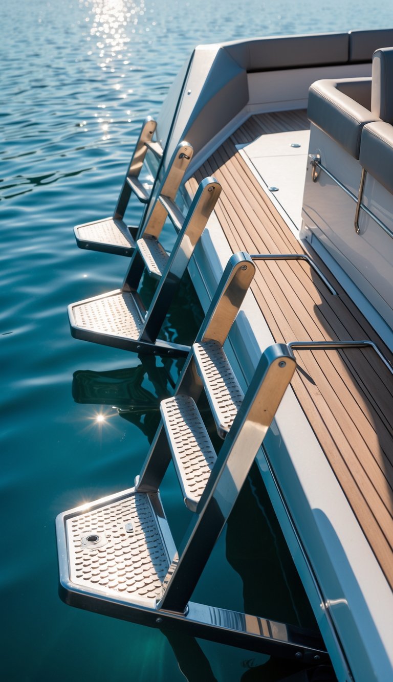 A modern boat deck with angled stainless steel ladders extending into clear blue water on a calm lake.