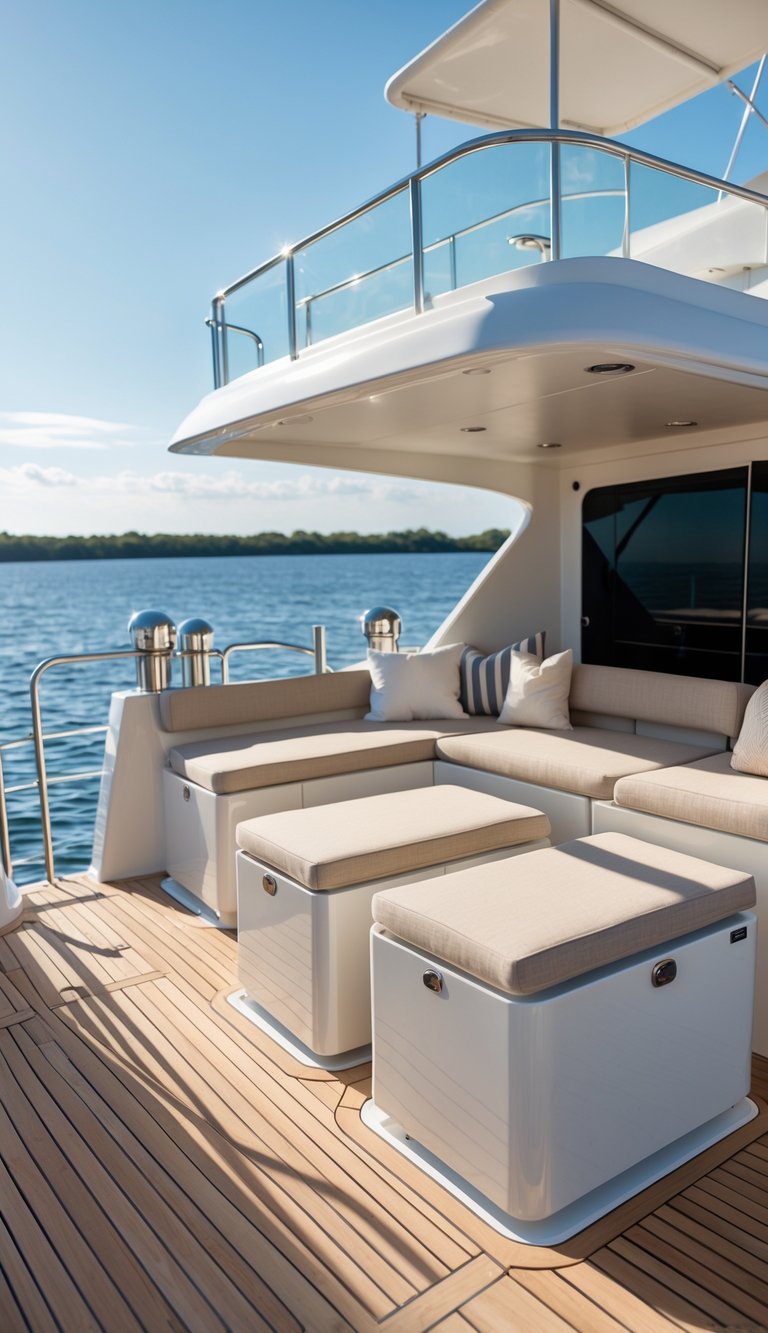 A modern boat deck with wooden modular storage benches and cushions overlooking calm water under a clear sky.