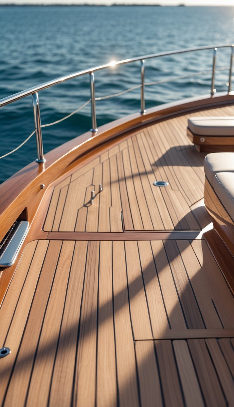 A modern boat deck made of polished teak wood overlooking calm blue water under a clear sky.