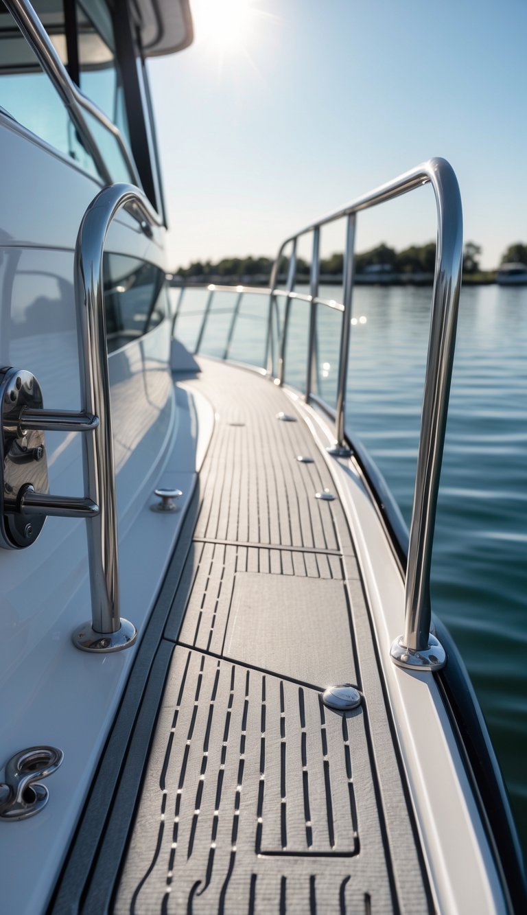 A modern boat deck with textured non-slip surfaces, stainless steel handrails, and calm water in the background.