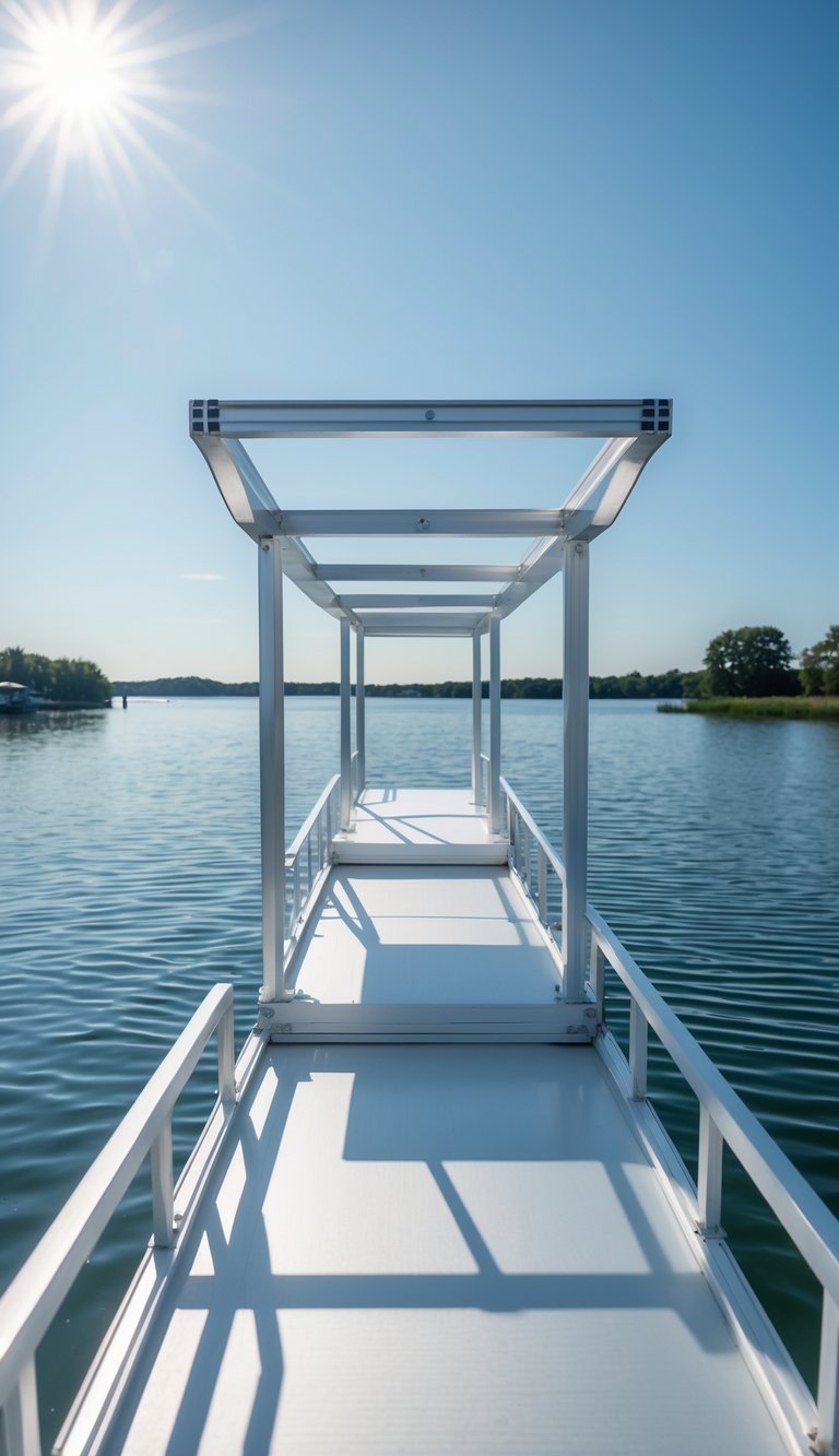 A modern aluminum-framed boat dock extending over calm water with greenery in the background.