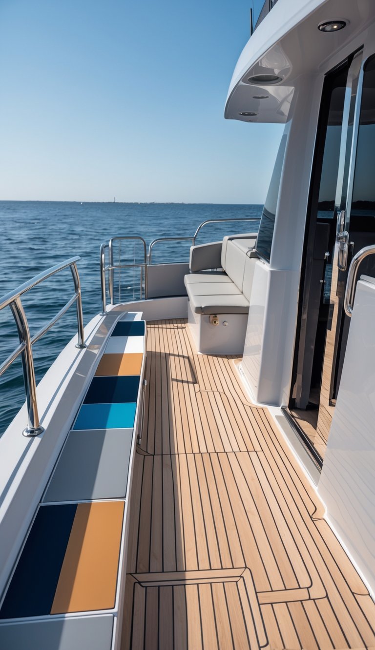 A modern boat deck with colorful panels, stainless steel railings, seating, and a calm sea in the background.