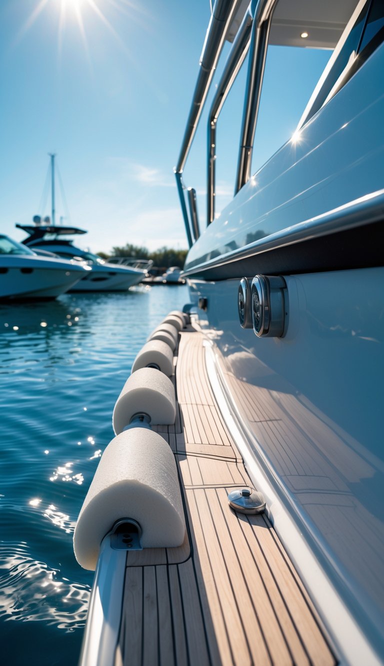 A modern boat docked at a marina with solid foam bumpers along the edges of the deck, surrounded by calm water and clear sky.
