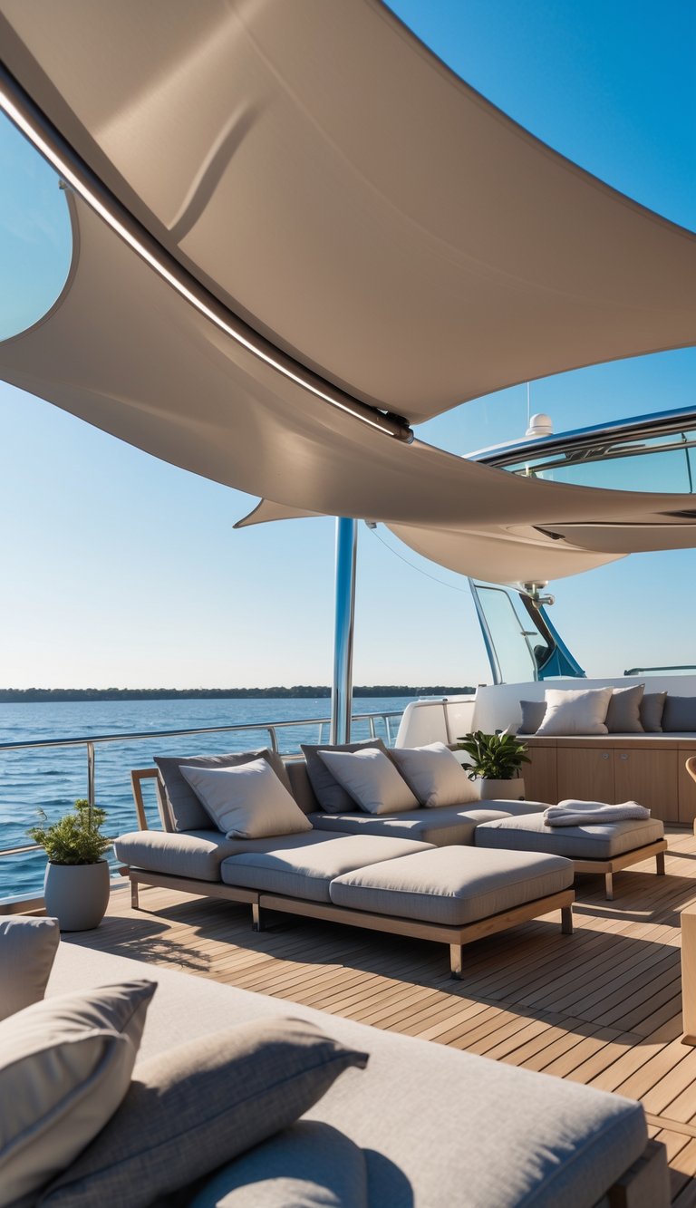 Open-air lounging area on a boat deck with cushioned sofas and sunshades overlooking calm water.