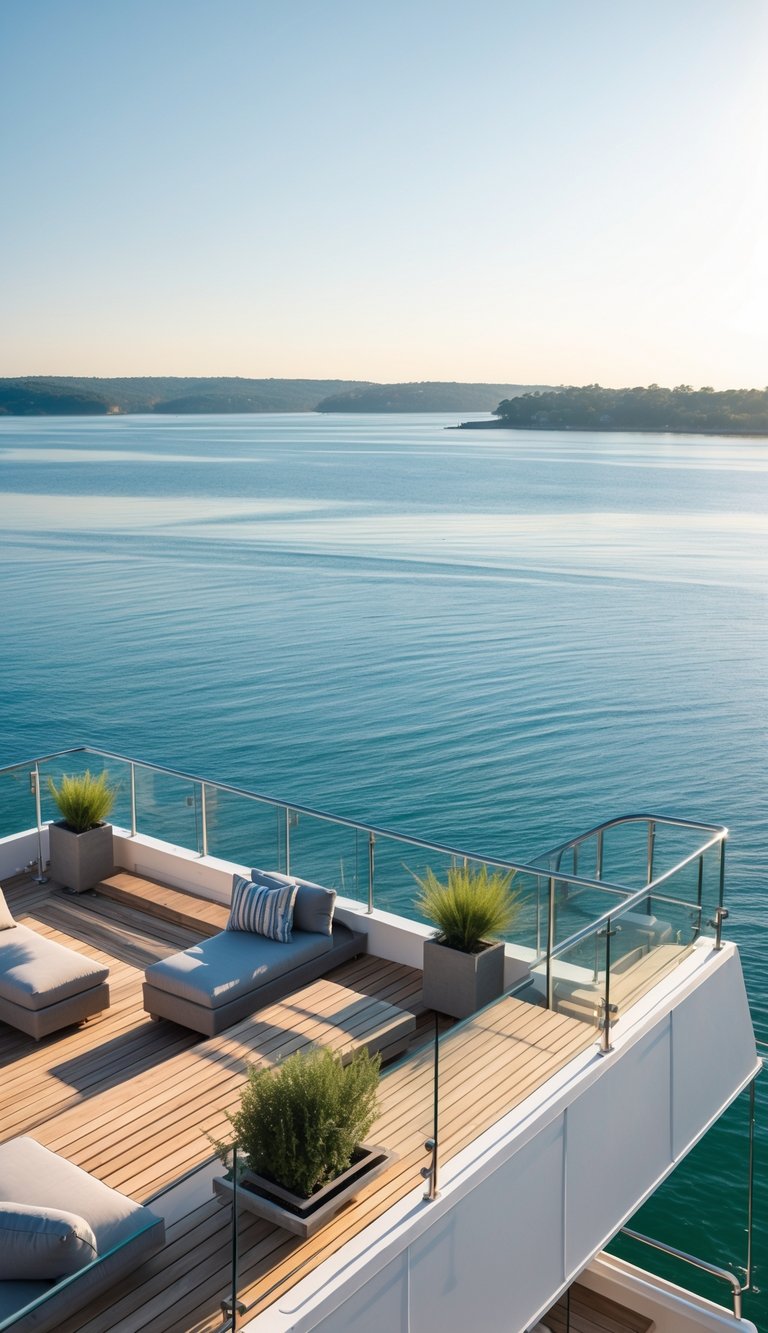 A raised wooden boat deck overlooking calm blue water with seating and glass railings.