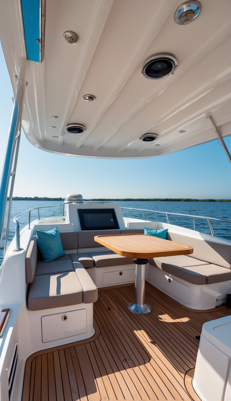 A modern boat deck with smart furniture and storage overlooking calm blue water under a clear sky.