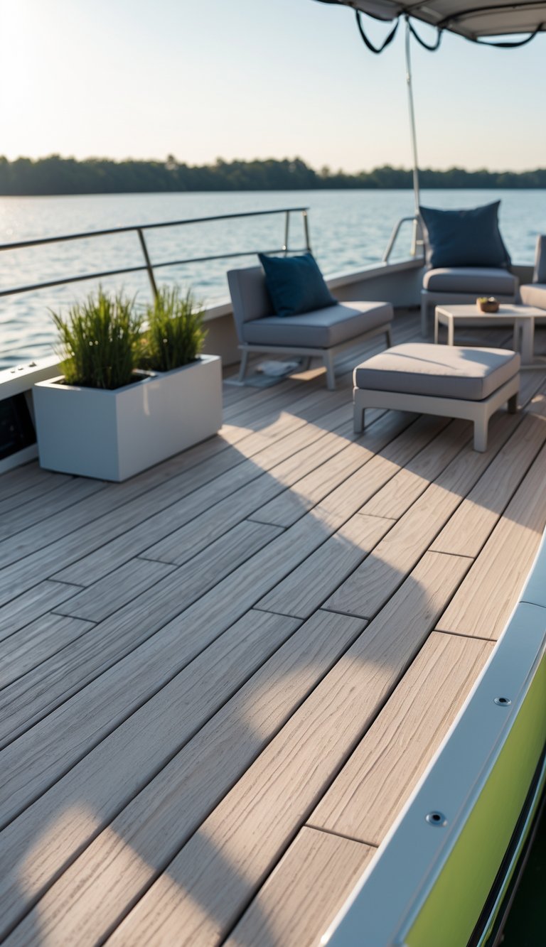 Modern boat deck with wood-like eco-friendly recycled plastic decking, outdoor furniture, and calm water in the background.