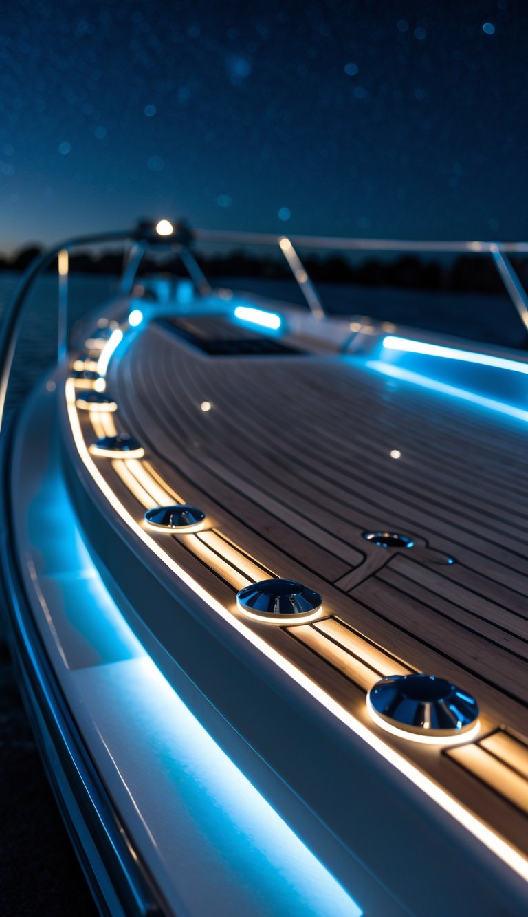 A modern boat deck at night illuminated by subtle LED cleat lights along the edges, with calm water and a starry sky in the background.