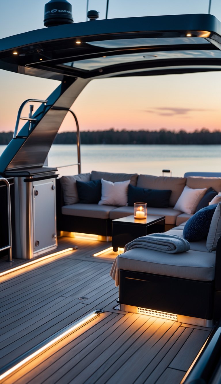 A modern boat deck at dusk with outdoor seating and glowing floor heaters, overlooking calm water.
