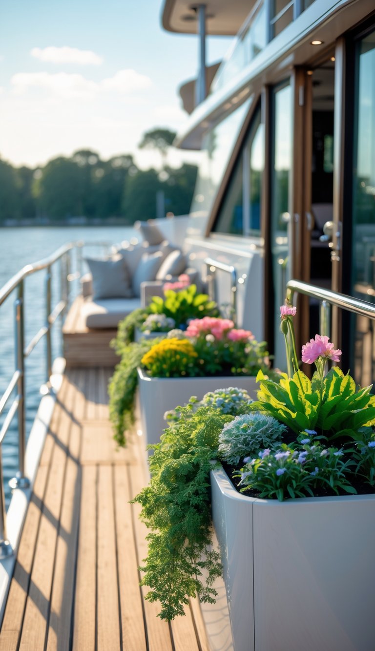 A modern boat deck with wooden flooring and dockside planters filled with green plants and flowers, overlooking calm water.