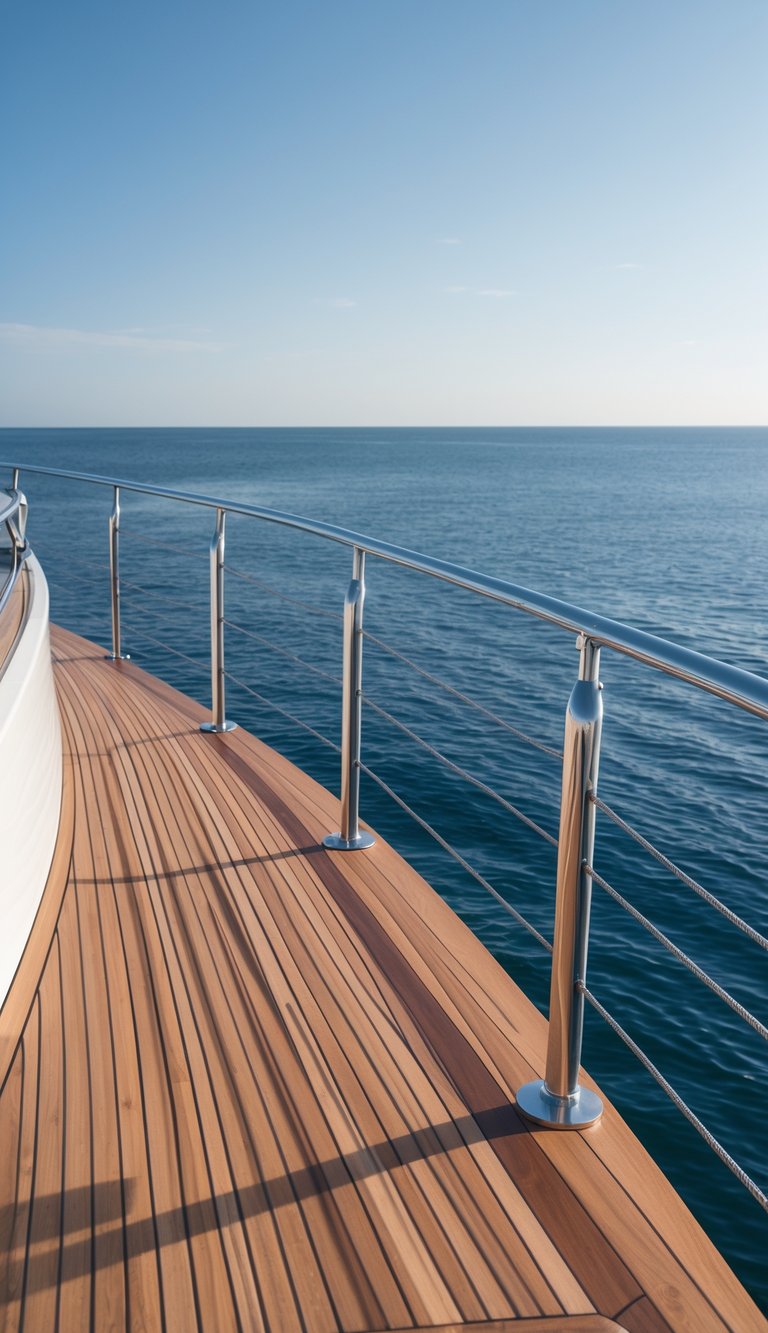A modern boat deck with wrap-around railings made of stainless steel cables and wooden flooring overlooking calm ocean waters.