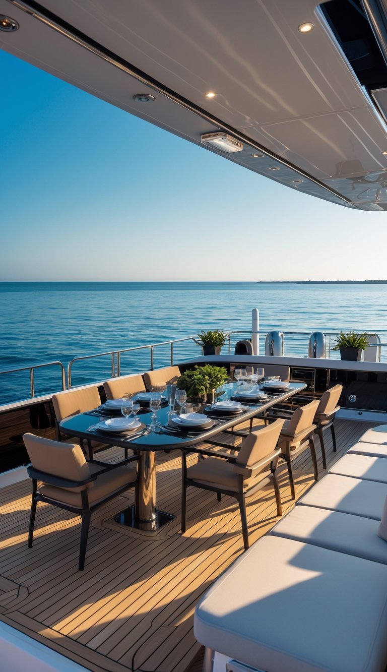A modern boat deck with outdoor dining table and lounge seating overlooking calm ocean water under a clear sky.