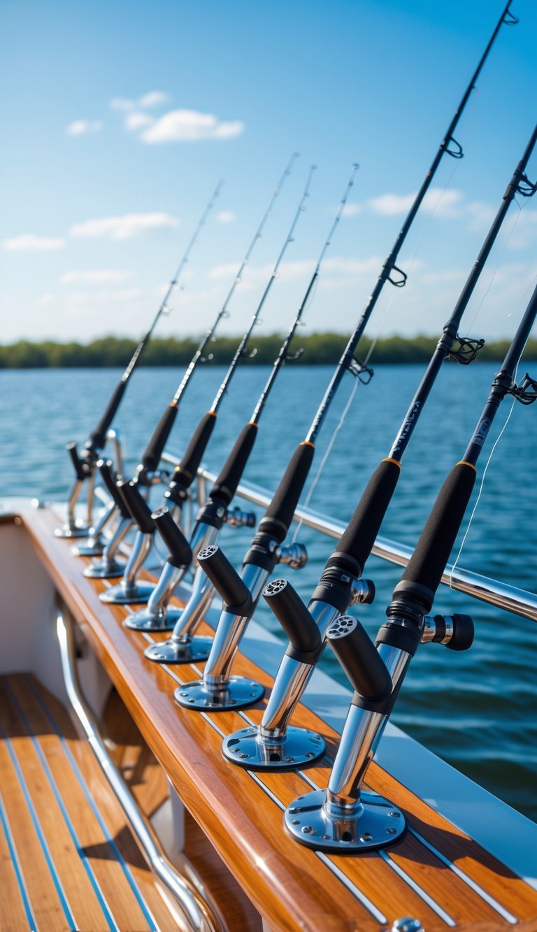 A modern boat deck with adjustable fishing rod holders holding fishing rods, overlooking calm water on a sunny day.