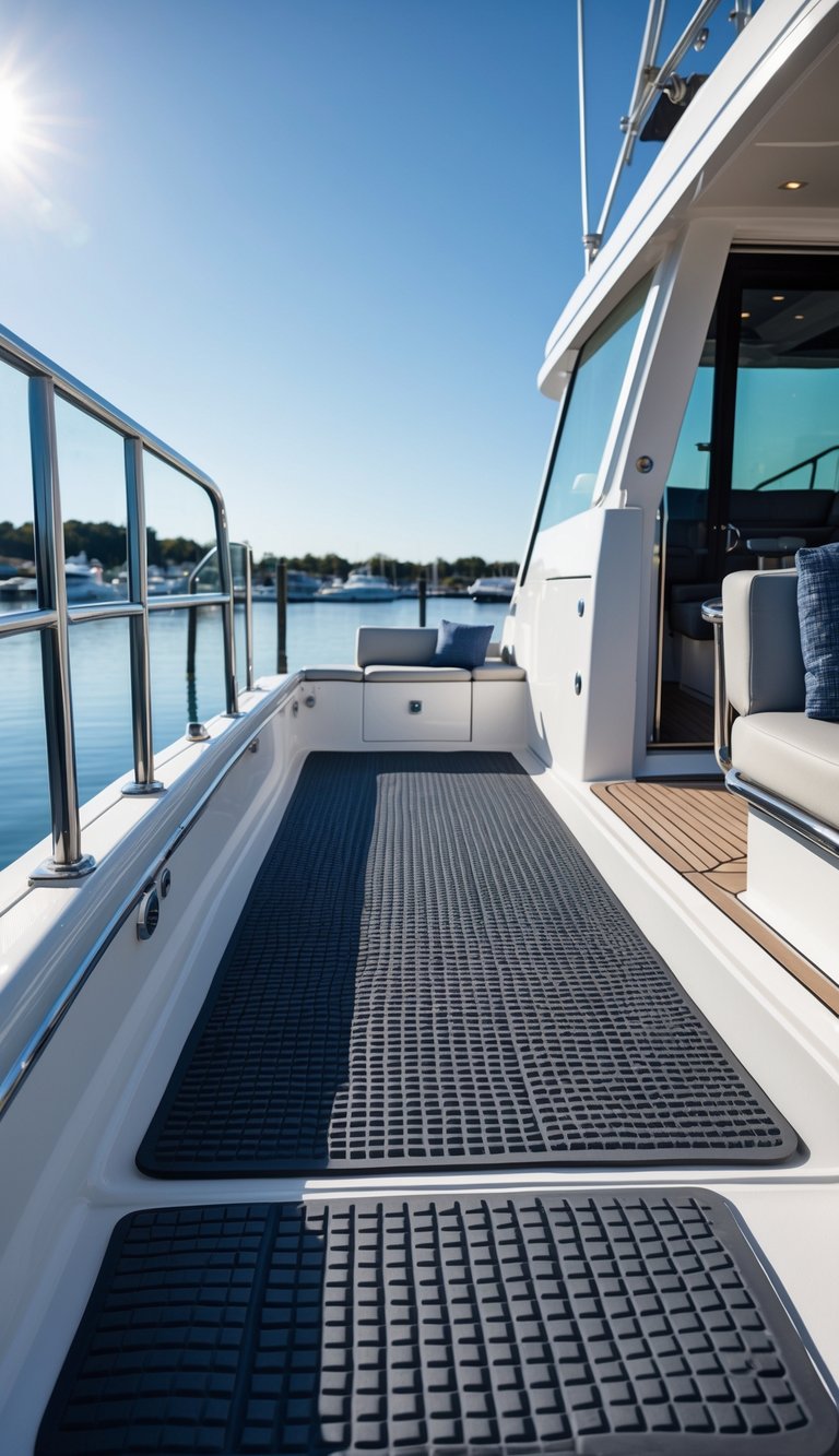 A modern boat deck with slip-resistant rubber mats, stainless steel railings, and seating, docked at a marina on clear blue water.