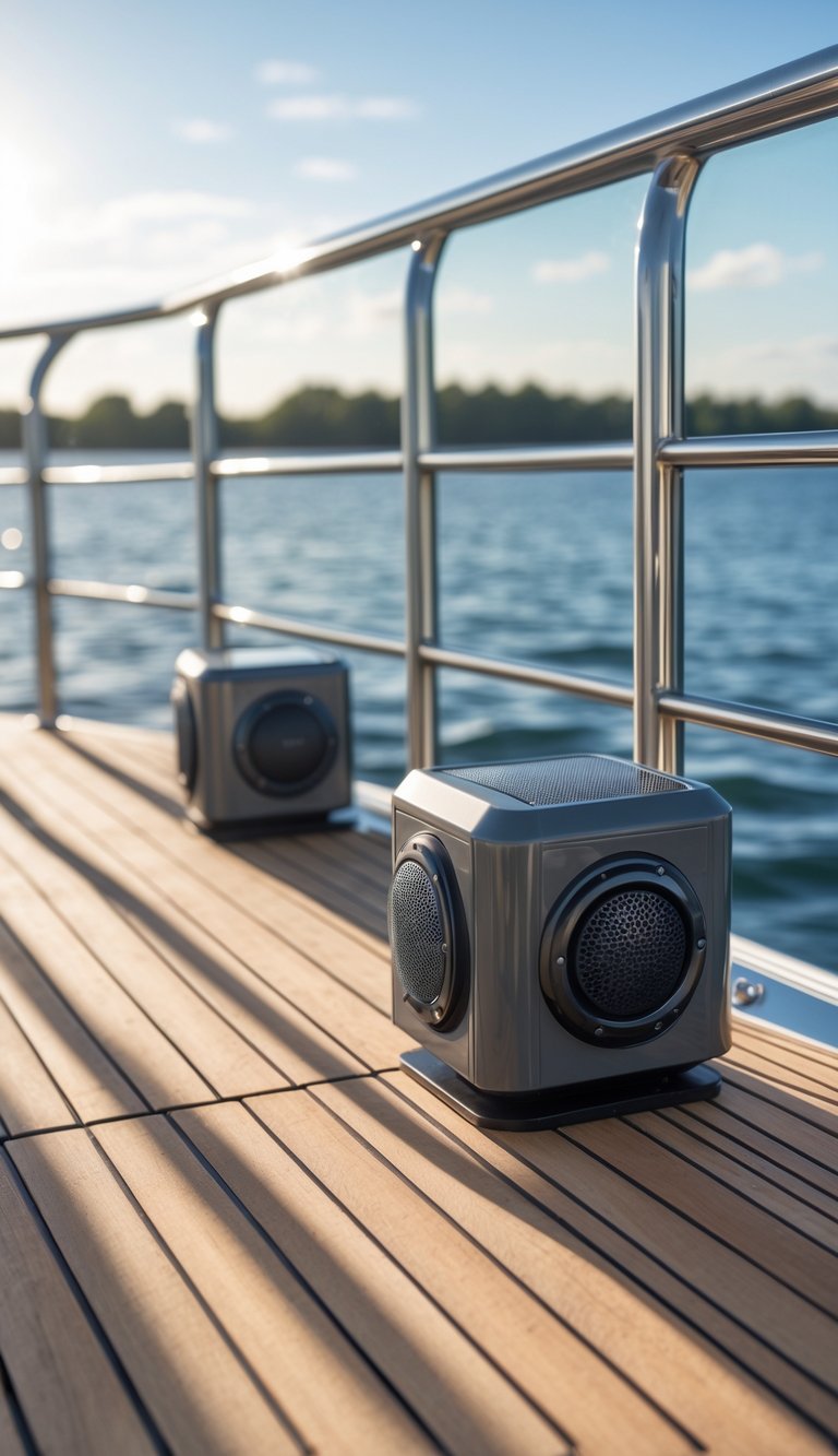 A modern boat deck with wooden flooring and metal railings featuring built-in weatherproof Bluetooth speakers, overlooking calm water under a clear sky.