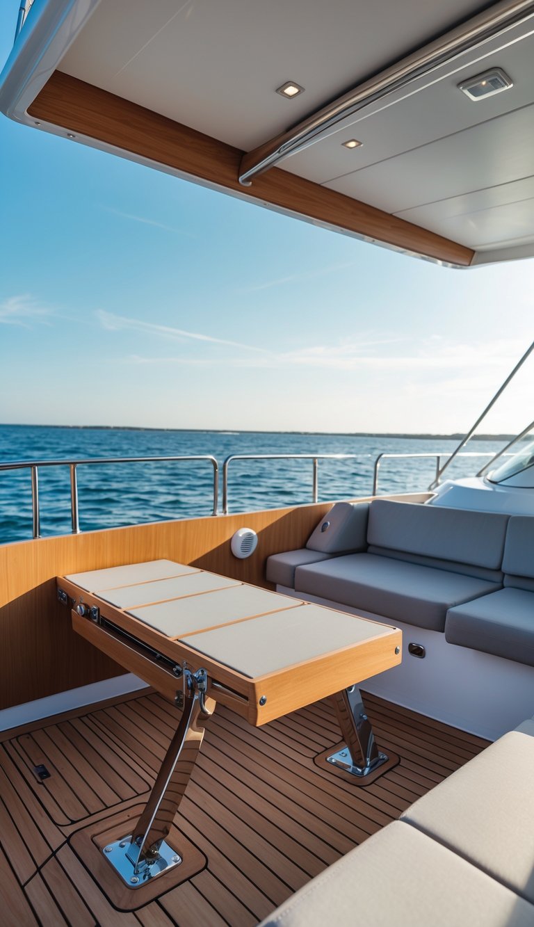 A modern boat deck with fold-away benches and a calm sea in the background.