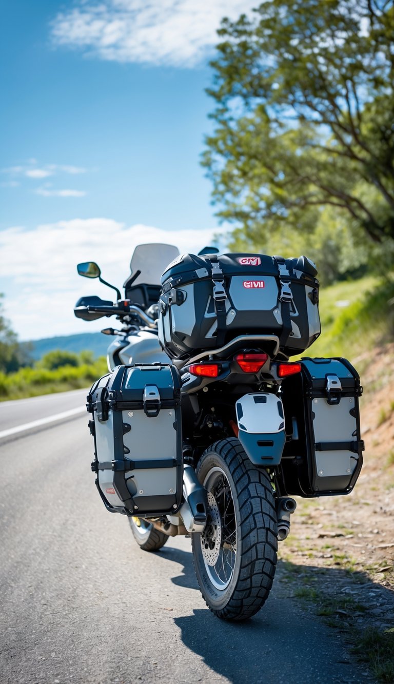 A touring motorcycle parked on a scenic roadside with large saddlebags attached on both sides and a natural landscape in the background.