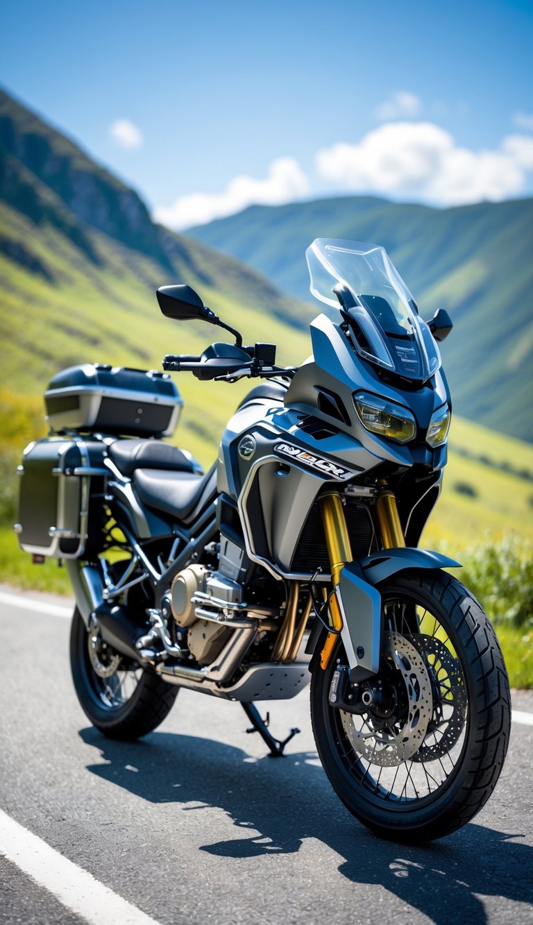 A touring motorcycle parked on a mountain road with Shad Trekker side cases attached, surrounded by green hills and a clear sky.