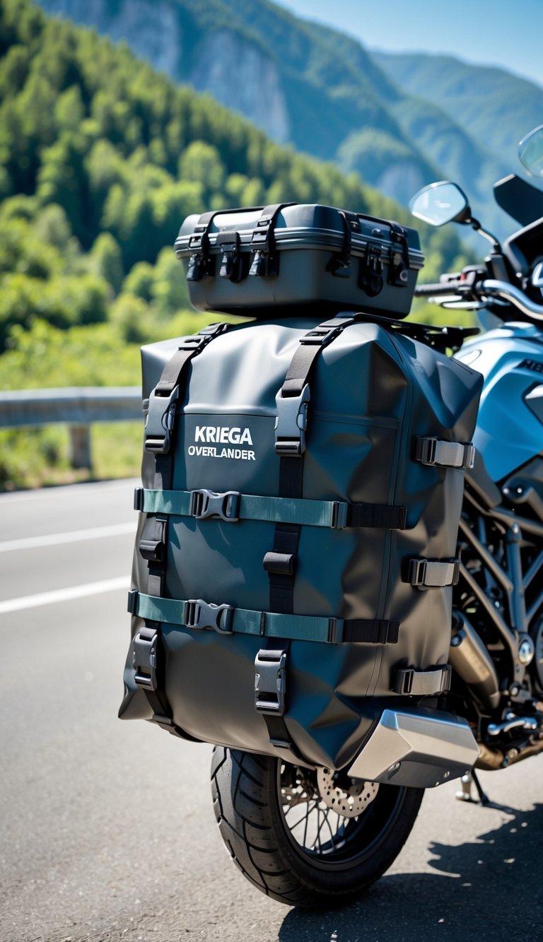 A touring motorcycle parked on a mountain road with a black waterproof drypack attached to its rear, surrounded by green forest and blue sky.