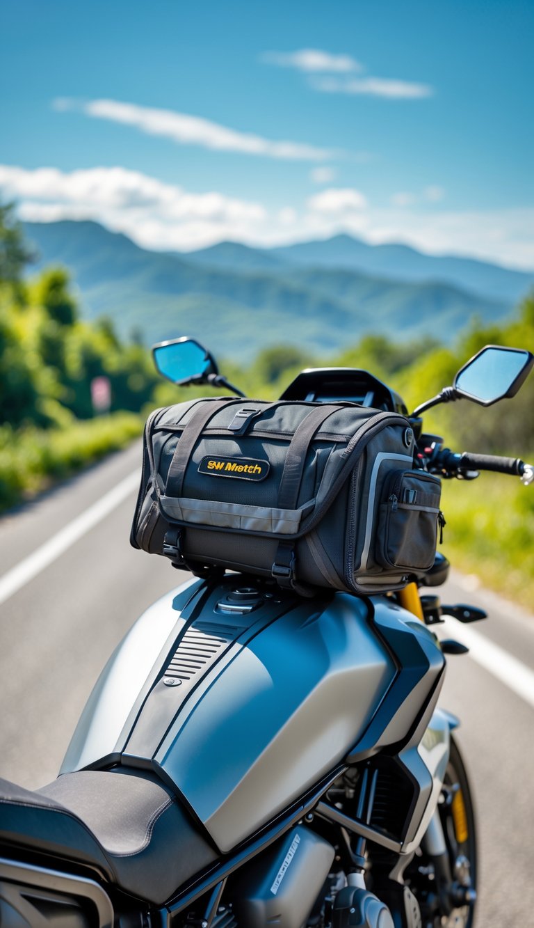 Motorcycle with a SW-Motech Blaze Tank Bag mounted on the fuel tank, parked on a scenic road with greenery and mountains in the background.
