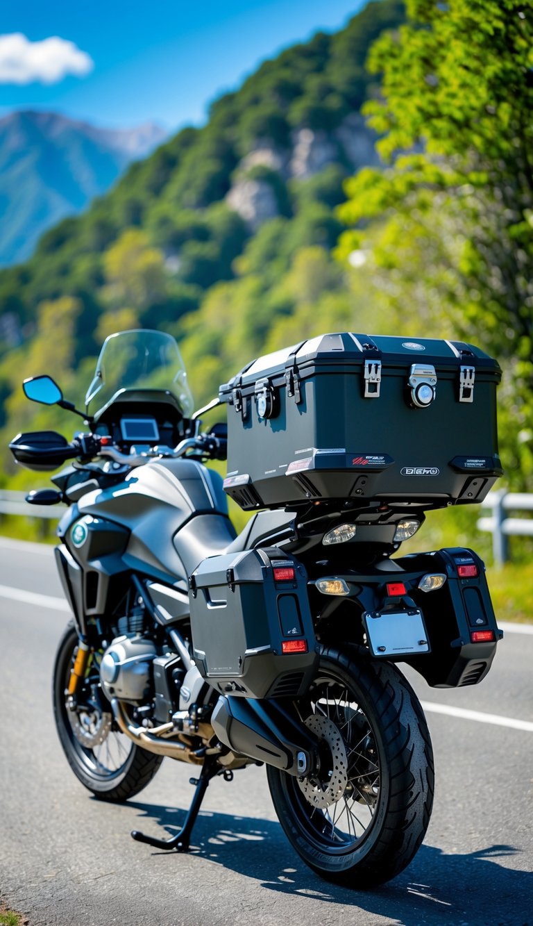Motorcycle parked on a mountain road with a Hepco & Becker Journey Top Box mounted on the rear, surrounded by trees and clear sky.