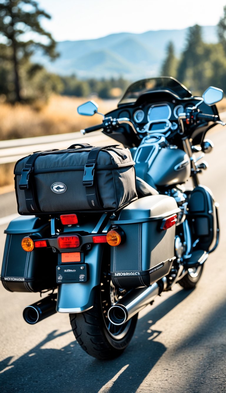 A touring motorcycle parked on an open road with a tail bag attached to its rear, surrounded by trees and mountains.