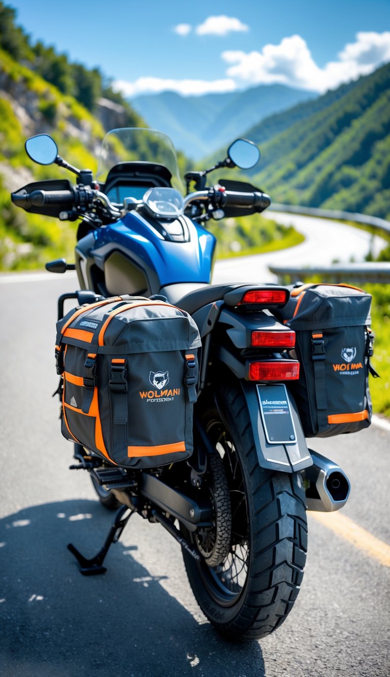 A touring motorcycle parked on a mountain road with Wolfman Enduro Saddlebags attached, surrounded by green trees and clear skies.