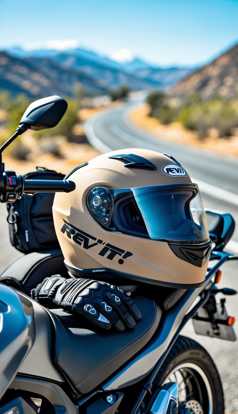A motorcycle touring setup with a sand-colored helmet bag placed on the motorcycle seat, surrounded by touring gear, with roads and mountains in the background.