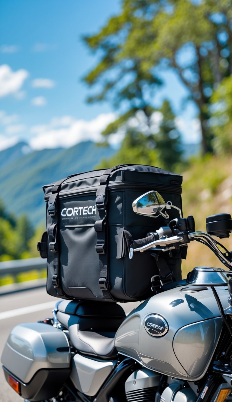 Motorcycle parked outdoors with a waterproof tank bag attached on top, surrounded by trees and mountains.