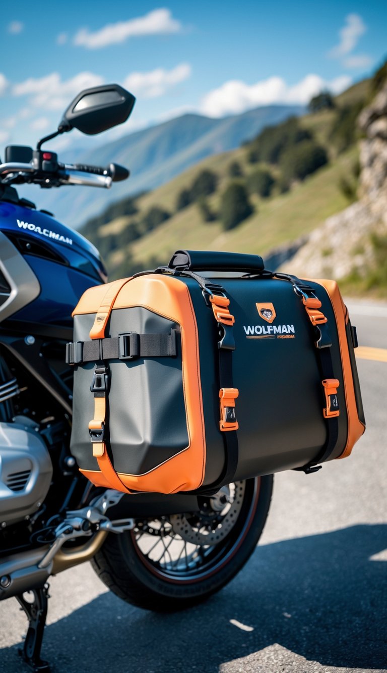 A touring motorcycle parked on a mountain road with a Wolfman E-31 Dry Saddlebag attached to its side.