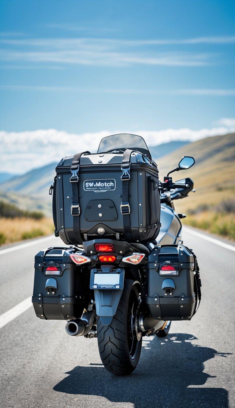 A touring motorcycle parked on an open road with a durable tail bag attached to the rear, surrounded by hills and clear sky.