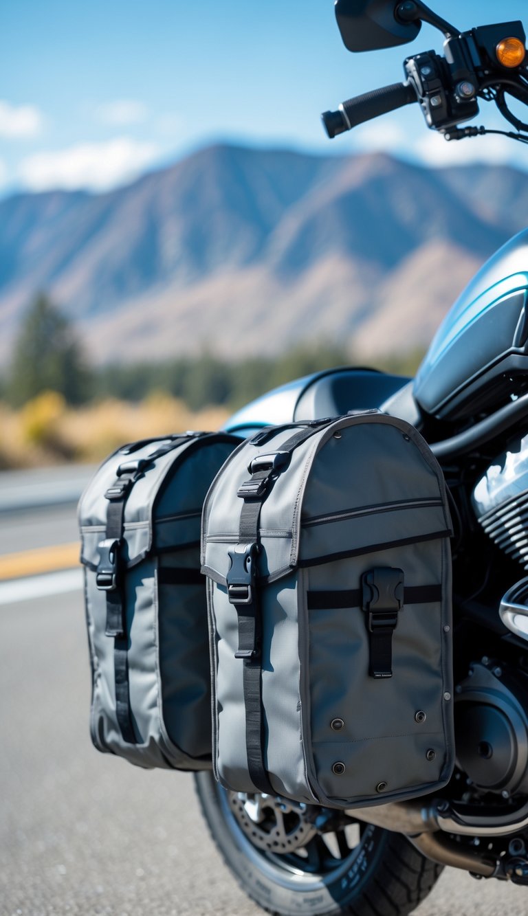 A touring motorcycle parked on an open road with dual sport saddlebags attached on either side.
