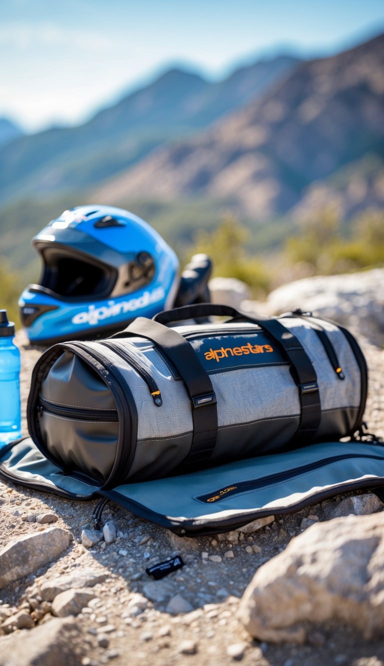 A black and grey roll bag with multiple compartments placed outdoors on a rock with a mountain landscape in the background, surrounded by motorcycle gear.