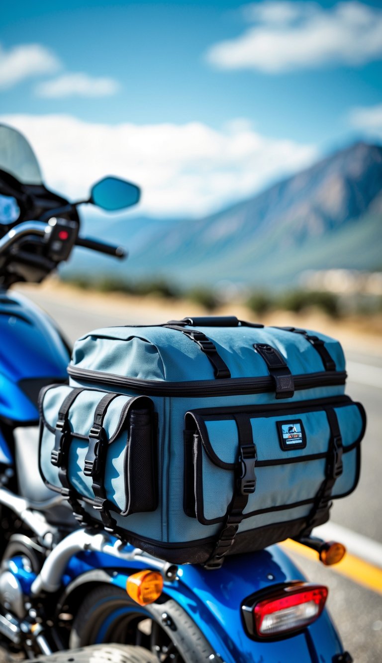 A motorcycle with a Cycle Gear barrel bag attached to the rear, parked on a scenic road with mountains in the background.
