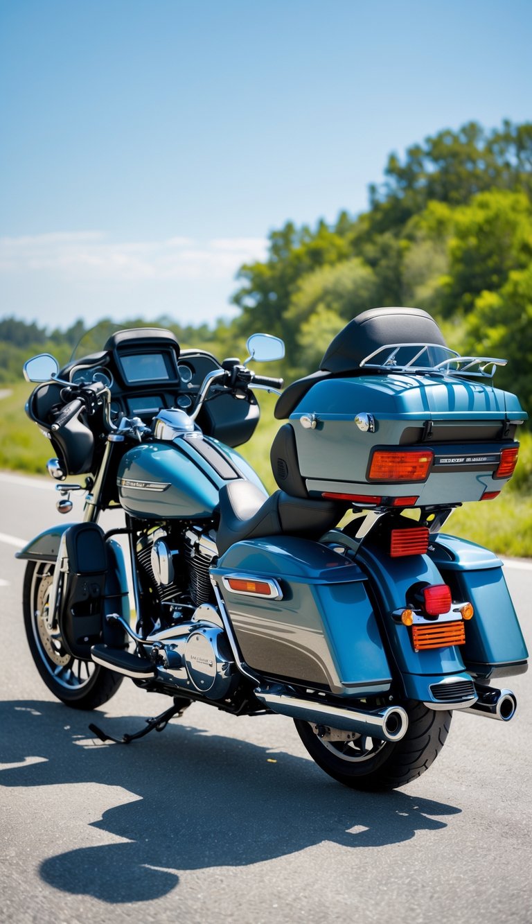 A Harley-Davidson touring motorcycle parked on an open road with multiple storage compartments and saddlebags.