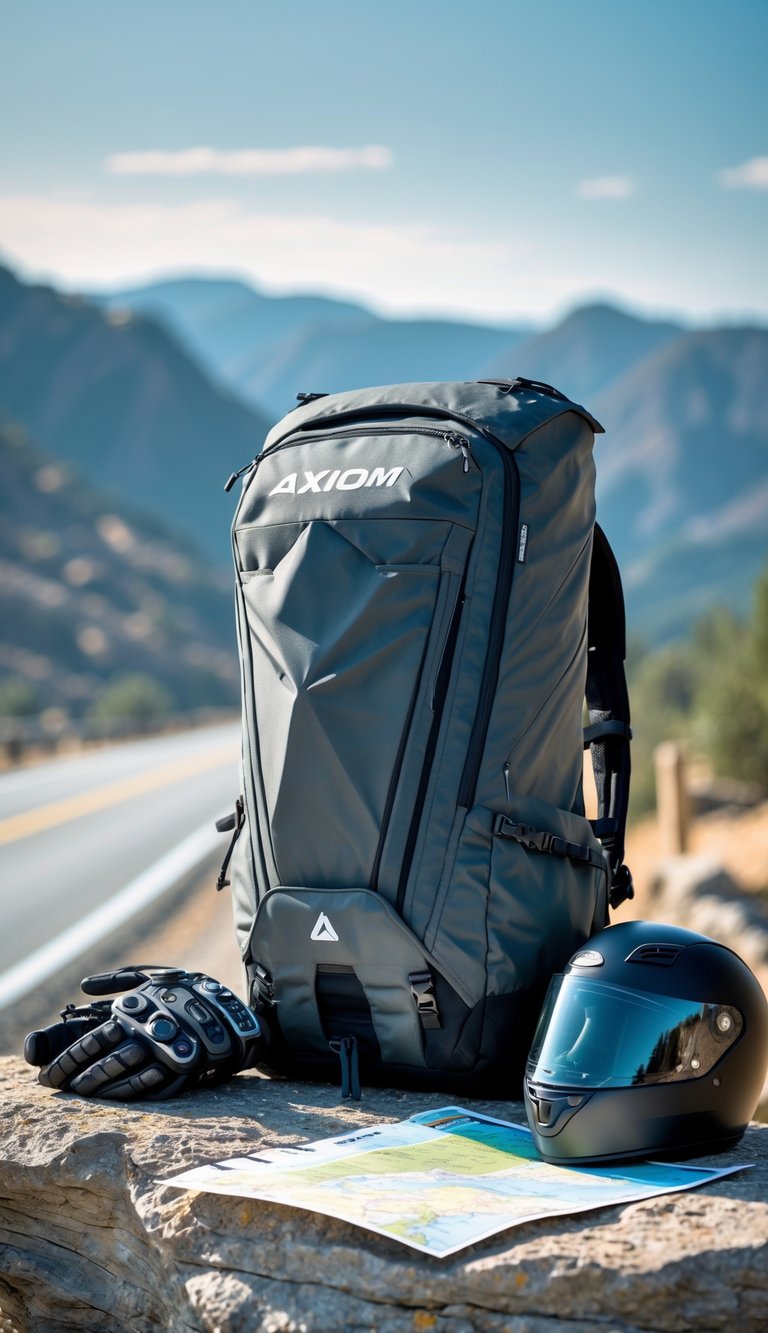 A backpack designed for motorcycle touring placed outdoors with motorcycle gear and a mountain road in the background.