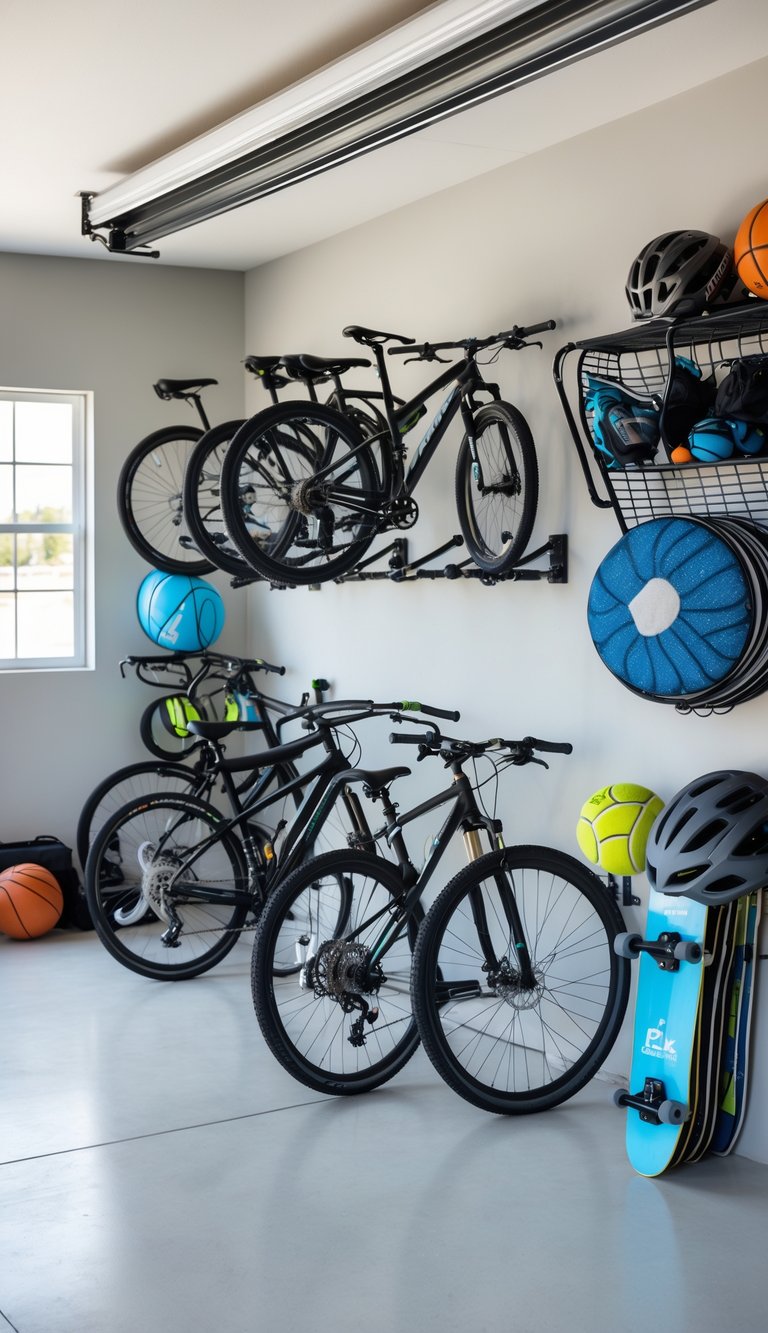 A garage with adjustable wall-mounted bike racks holding bicycles and organized sports equipment stored on shelves and hooks.