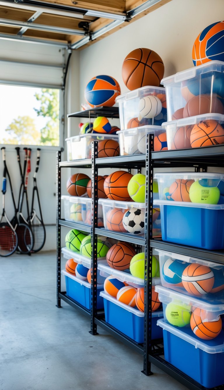Clear plastic bins filled with various summer sports balls neatly arranged on shelves in a bright, organized garage.