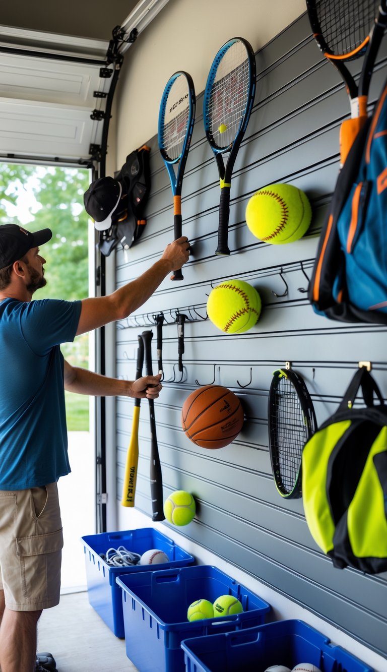 Person installing a slatwall system in a garage with summer sports equipment hanging on hooks.