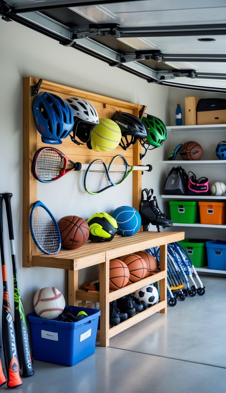 A clean garage with a fold-down bench and neatly organized summer sports equipment such as bats, helmets, balls, and rollerblades.