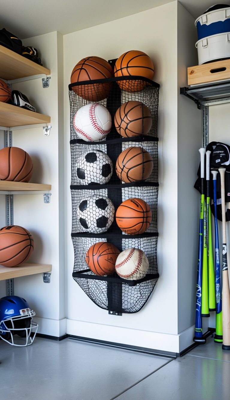 A garage corner with a netted ball holder storing various sports balls and other sports equipment organized on shelves nearby.