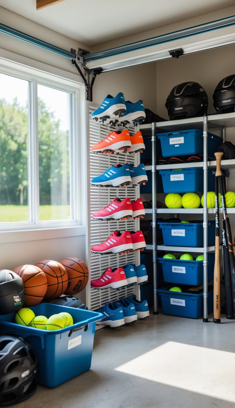 A garage with ventilated shoe racks holding multiple pairs of sports cleats and other organized sports equipment.