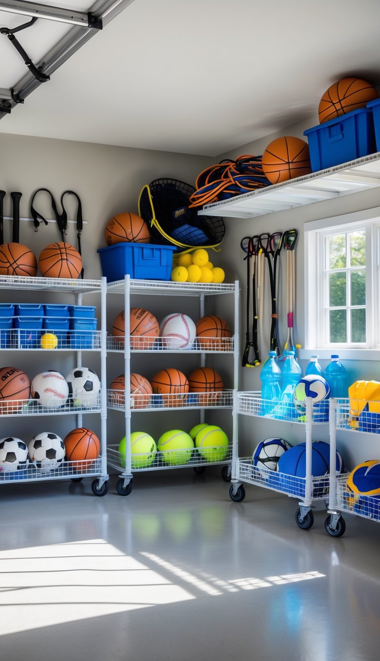 A garage with rolling storage carts filled with various summer sports equipment like balls, bats, helmets, and rackets, all neatly organized.