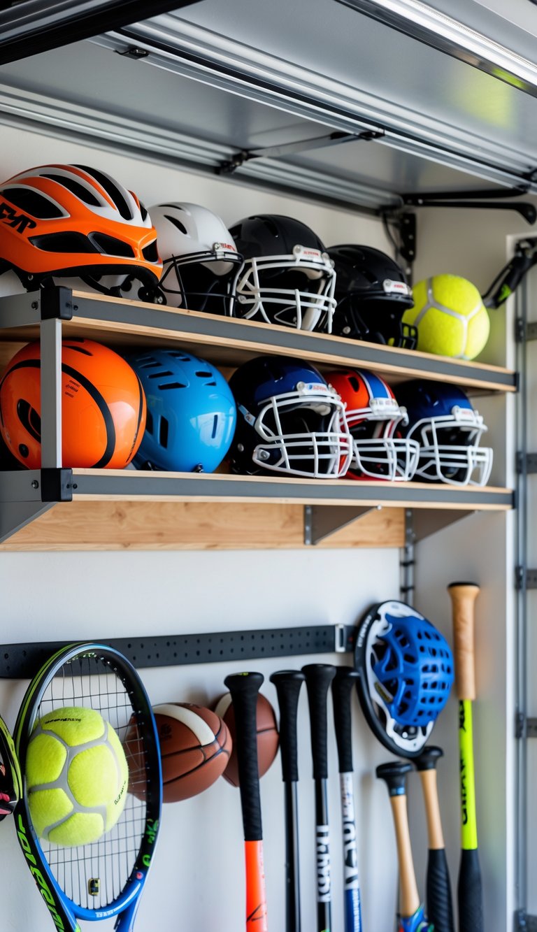 A garage with a dedicated shelf holding multiple sports helmets and neatly organized summer sports equipment around it.