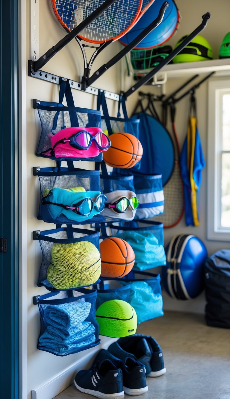 A garage corner with mesh bags hanging on hooks, each holding swim goggles and caps, surrounded by organized sports equipment.