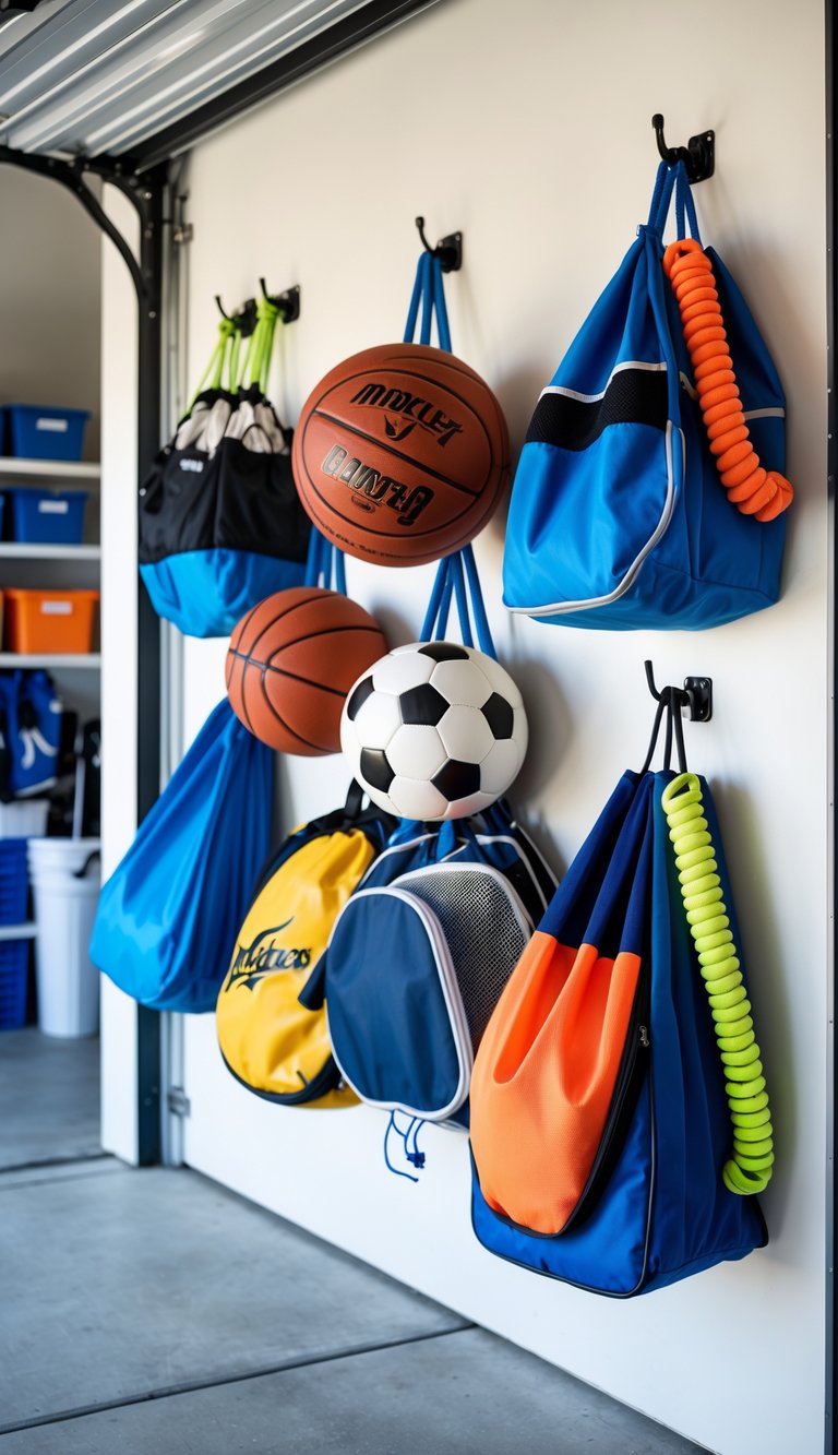 A garage with sports bags hanging from ropes and bungee cords on the wall, surrounded by organized sports equipment and shelves.