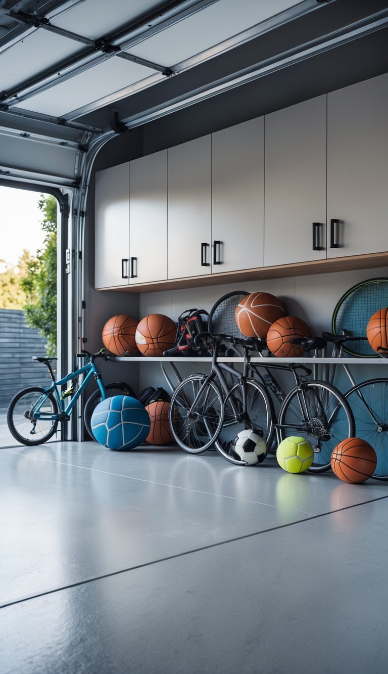 A garage with a closed sports equipment cabinet and various summer sports gear neatly organized around it.