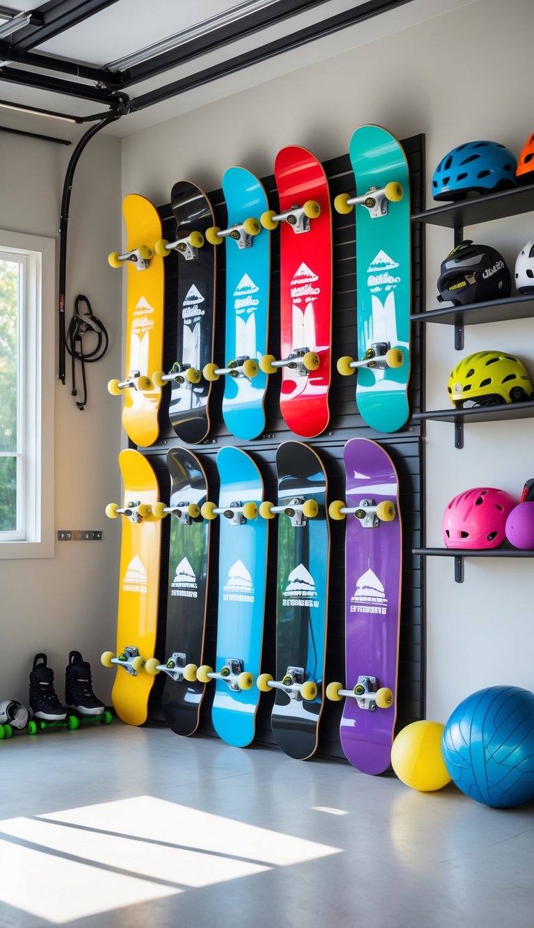 A clean garage with skateboards stored vertically on wall-mounted slots and other summer sports equipment neatly organized nearby.
