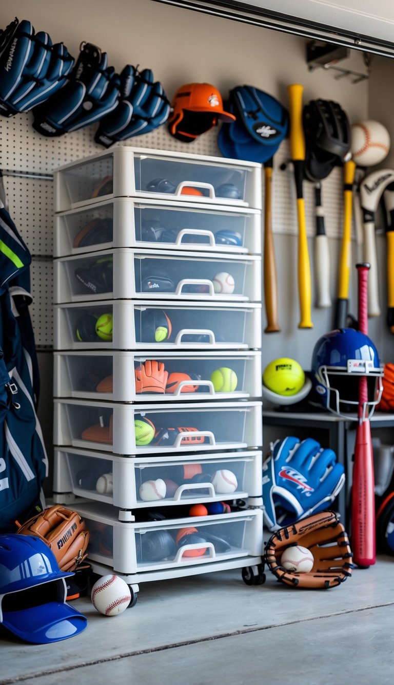A garage with stackable drawer units storing gloves and sports accessories, surrounded by summer sports equipment like balls, helmets, and bats.